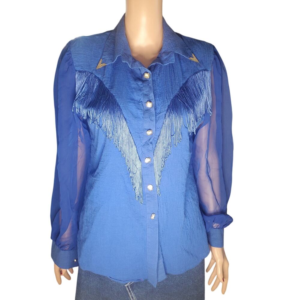 Vintage Lilia Smitty Western Fringe Sheer Sleeve Blouse Blue M Cowgirl Rodeo USA